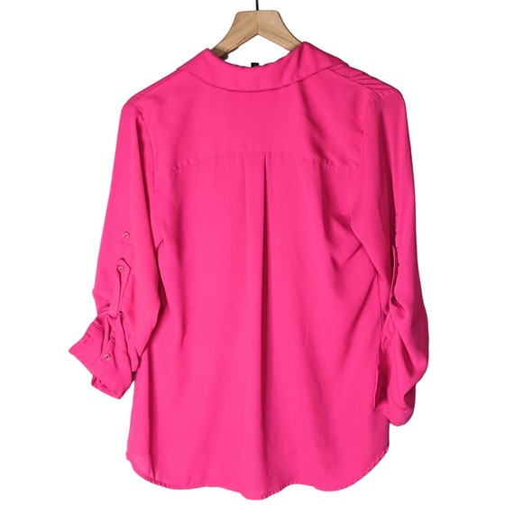 Express Womens Button Up V Neck Blouse Size M Hot Pink Long Roll Tab Sleeve Top - Picture 2 of 4